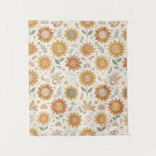 Cute Boho Sunflower Sun & Rainbow Seamless Pattern Tapestry