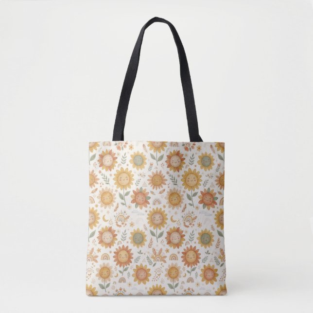 Cute Boho Sunflower Sun & Rainbow Seamless Pattern Tote Bag (Front)