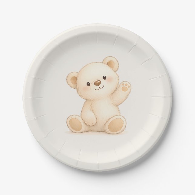 Cute Boho Teddy Bear Baby Shower Neutral Paper Plate (Front)