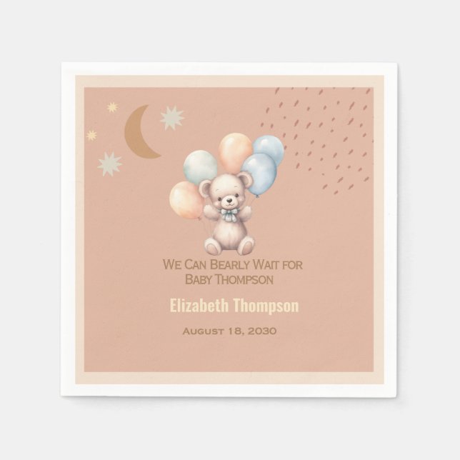 Cute Boho Teddy Bear Balloons  Baby Shower   Napkin (Front)