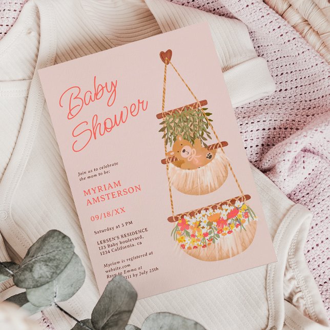 Cute boho teddy bear gender neutral baby shower invitation (Cute boho teddy bear gender neutral baby shower invitation on pastel pink)