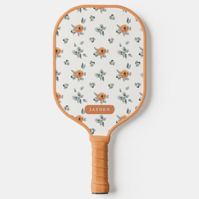 Cute Boho Terracotta Floral Greenery Custom Name Pickleball Paddle (Front)