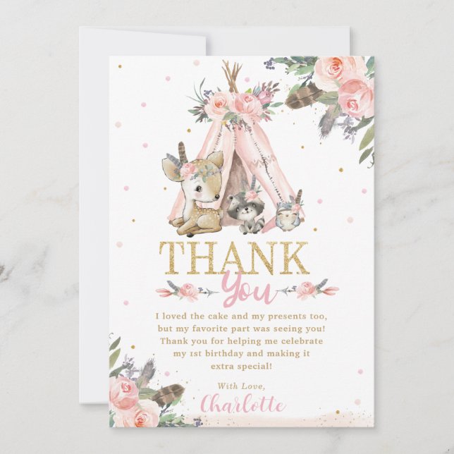 Cute Boho Tribal Woodland Animals Birthday Baptism Thank You Card (Front)