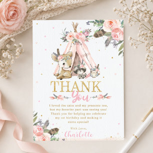 Cute Boho Tribal Woodland Animals Birthday Baptism Thank You Card
