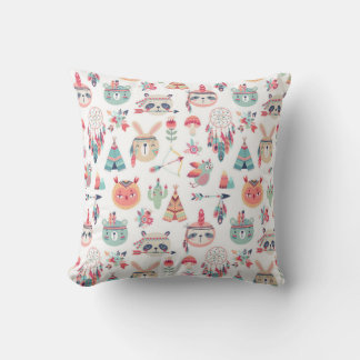 Cute Boho Tribal Woodland Animals Pattern Throw  Cushion
