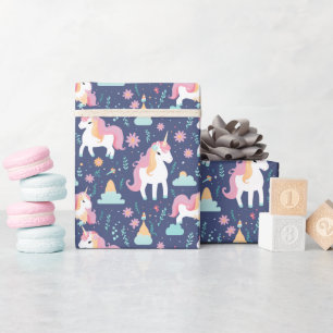 Cute Boho Unicorn Rainbow Clouds Blue Pink Wrapping Paper