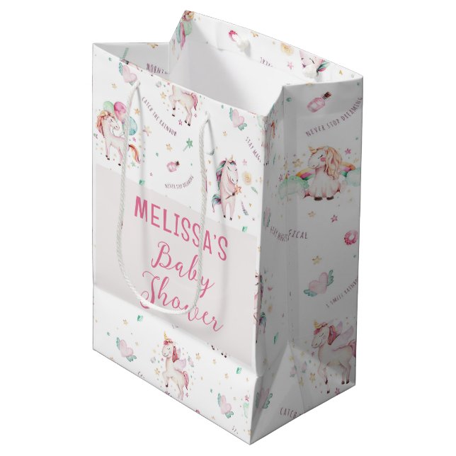 Cute Boho Unicorns Floral Balloons Baby Shower Medium Gift Bag (Front Angled)