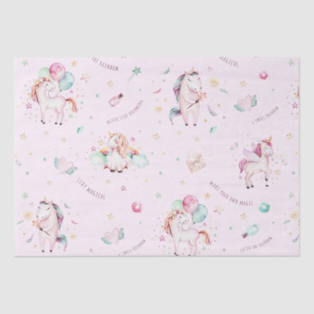 Cute Boho Unicorns Floral Pink Baby Shower Tissue Paper (Front)