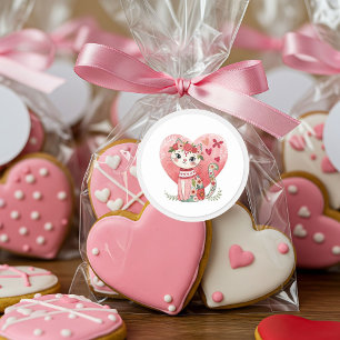 Cute Boho Valentine Cat Classic Round Sticker