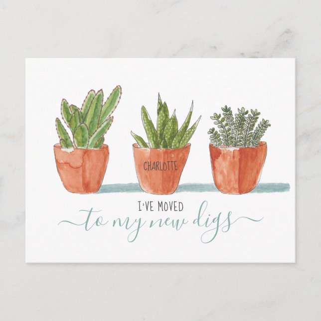 Cute Boho Watercolor Cactus Succulents I've Moved Announcement Postcard (Front)