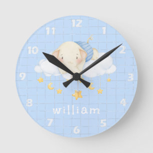 Cute Boho Watercolor Elephant Clouds Blue Nursery Round Clock