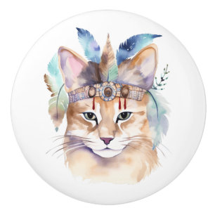 Cute boho watercolor hippie cat design ceramic knob