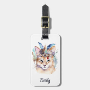 Cute boho watercolor hippie cat design luggage tag