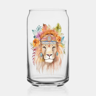 Cute boho watercolor hippie lion design can glass