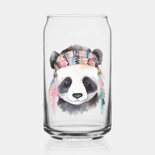 Cute boho watercolor hippie panda design can glass