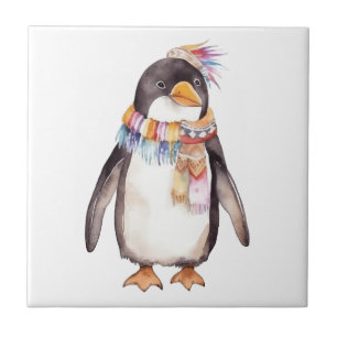 Cute boho watercolor hippie penguin design tile