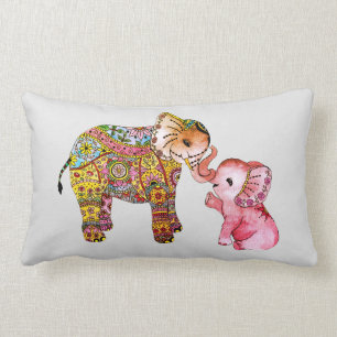Cute Boho Watercolor Mother and Baby Elephant Art Lumbar Cushion
