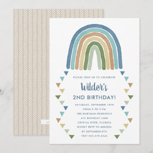 Cute Boho Watercolor Rainbow Birthday Blue Invitation
