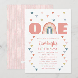 Cute Boho Watercolor Rainbow Birthday Coral First Invitation
