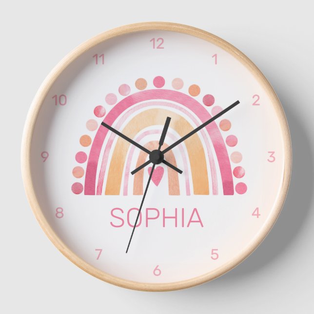 Cute Boho Watercolor Rainbow in Pink Wall Clock (Front)