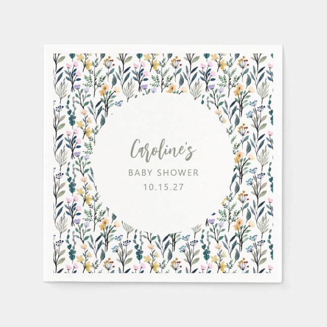 Cute Boho Watercolor Wildflower Baby Shower Custom Napkin (Front)