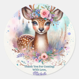 Cute Boho Watercolor Woodland Deer Birthday Party Classic Round Sticker