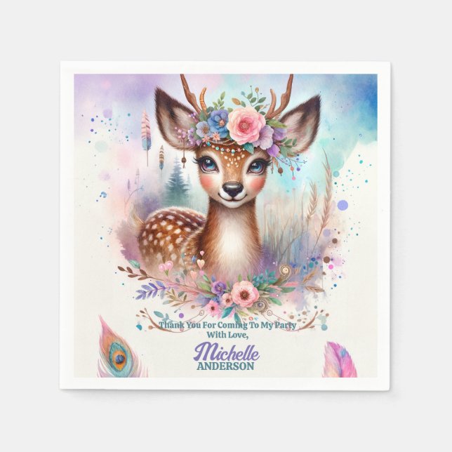 Cute Boho Watercolor Woodland Deer Birthday Party Napkin (Front)