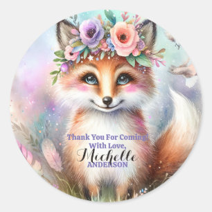 Cute Boho Watercolor Woodland Fox Birthday Party Classic Round Sticker
