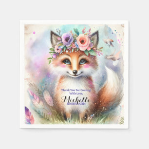 Cute Boho Watercolor Woodland Fox Birthday Party Napkin