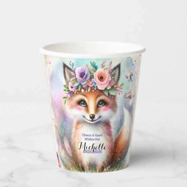 Cute Boho Watercolor Woodland Fox Birthday Party Paper Cups (Front)