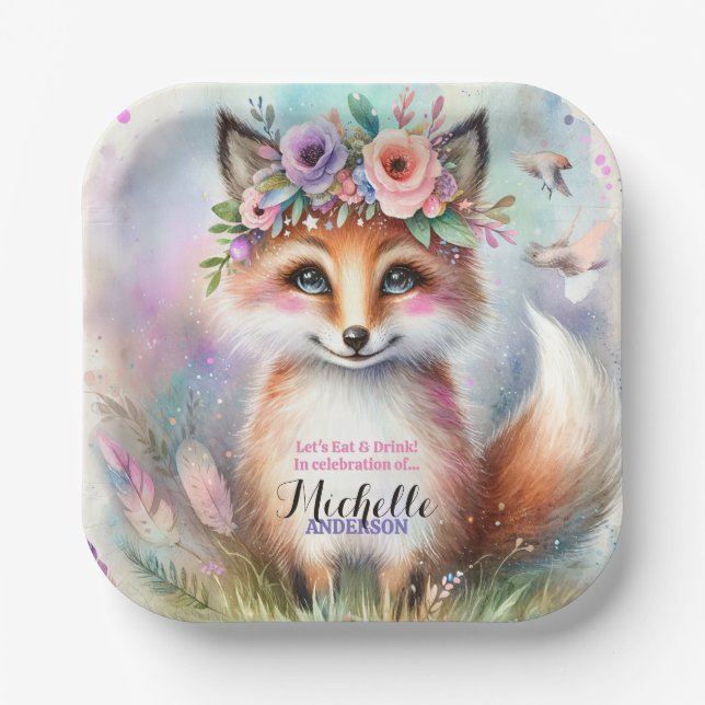 Cute Boho Watercolor Woodland Fox Birthday Party Paper Plate (Front)