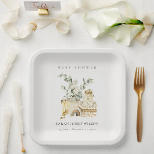 Cute Boho Yellow Nursery Foliage Baby Shower Paper Plate