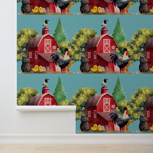 Cute Bold Cartoon Farm Rooster Barn Wallpaper (Application)
