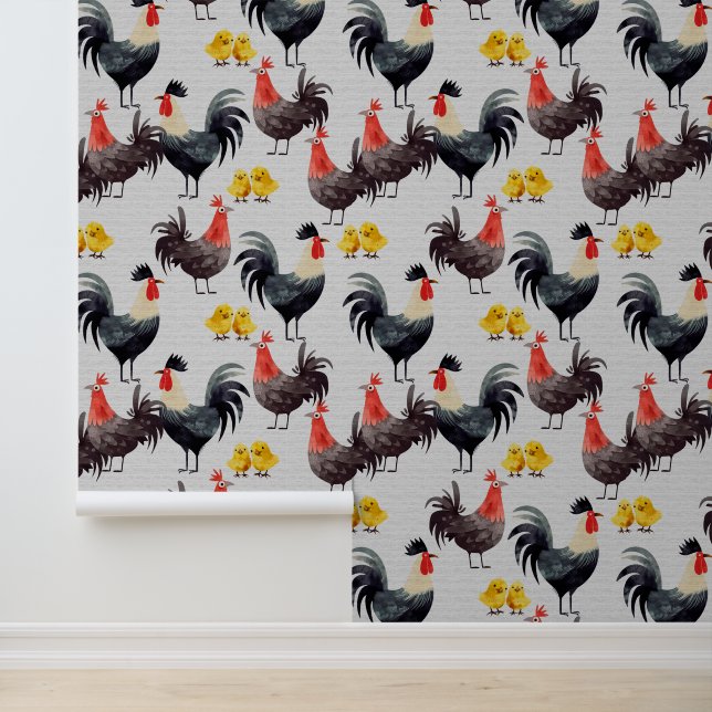 Cute Bold Cartoon Rooster Chicken Chicks Farm Wallpaper (Application)