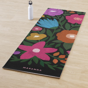 Cute Bold Colourful Florals Name   Black Yoga Mat