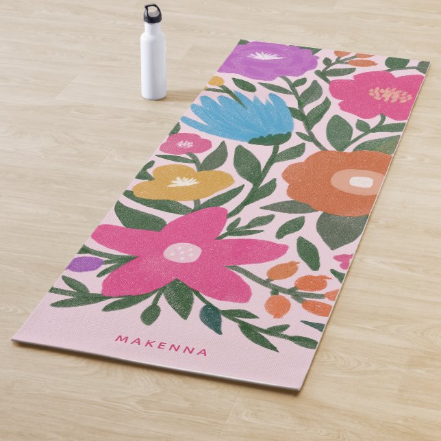 Cute Bold Colourful Florals Name | Pink Yoga Mat (In Situ)