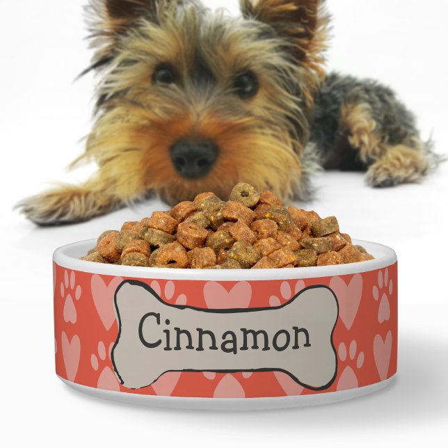 Cute Bone Paw print Hearts pattern Dog Name Orange Bowl (Creator Uploaded)