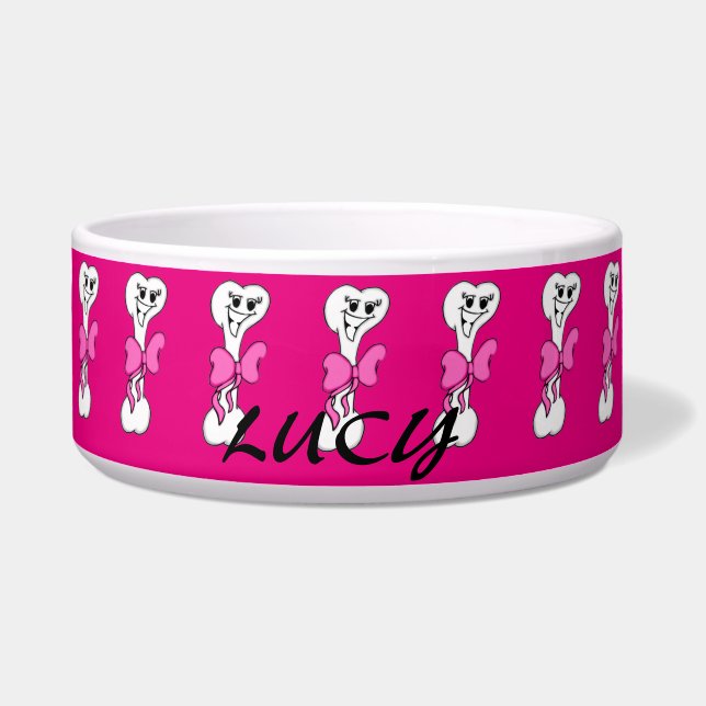 Cute Bones with Pink Bows Ceramic Pet Bowl (Front)