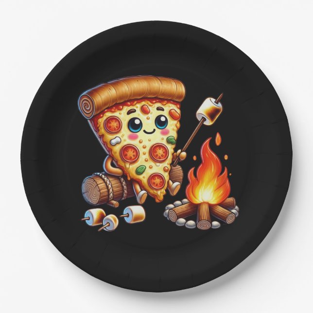 Cute bonfire pizza party paper plate (Front)