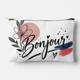 Cute Bonjour Floral Typography Accessory Pouch