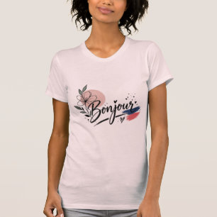Cute Bonjour Floral Typography Women TShirt