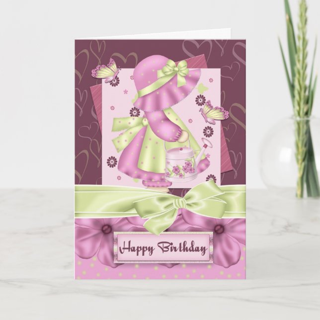 Cute Bonnet Girl Flower And Butterfly Birthday Gre Card (Front)