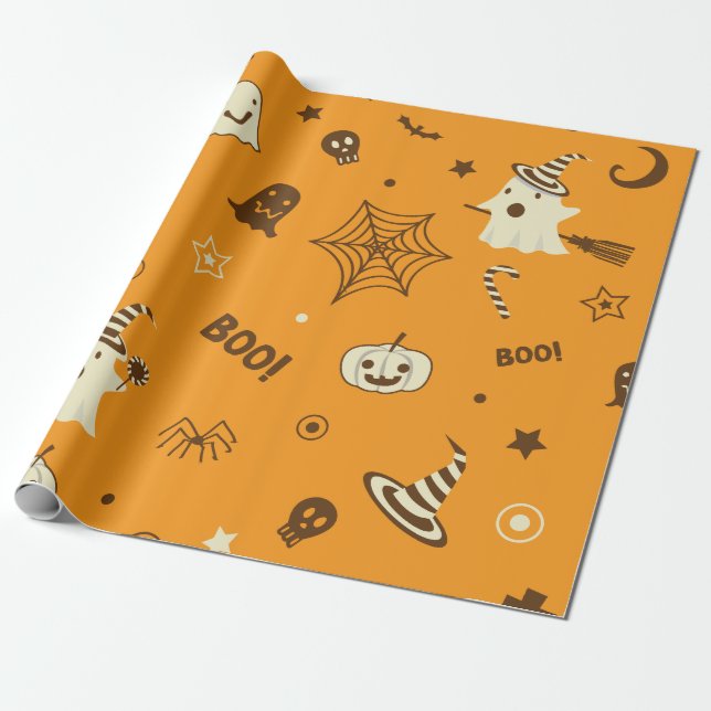 Cute Boo Ghost Happy Halloween Seamless Pattern Wrapping Paper (Unrolled)