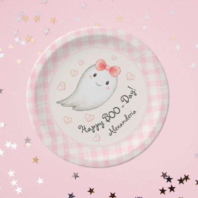 Cute Boo Ghost Pink Birthday Party Girl Paper Plate (Happy Boo-Day! Birthday Girl Birthday Party Plates. Personalize Name)