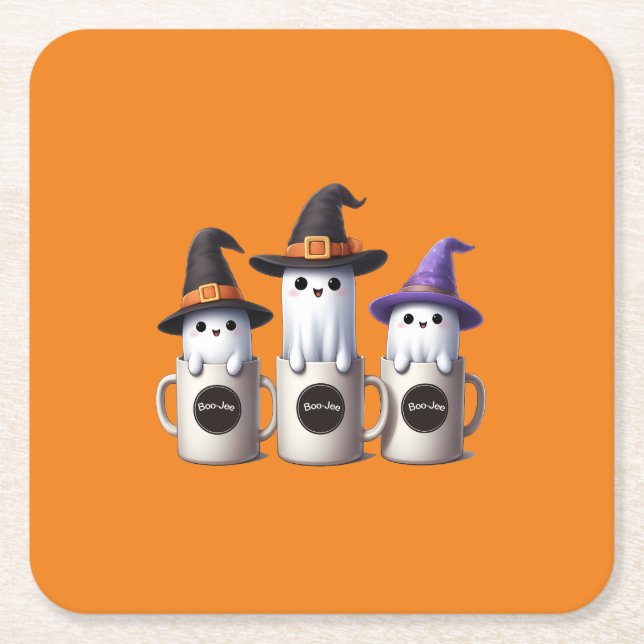 Cute Boo-Jee Ghost in Halloween Square Paper Coaster (Front)