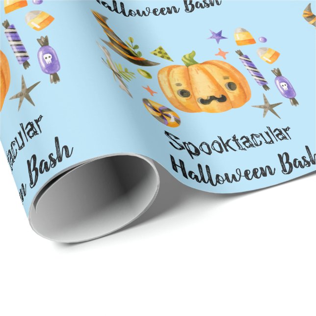 Cute Boo Pumpkin Spooktacular Halloween Bash Blue Wrapping Paper (Roll Corner)