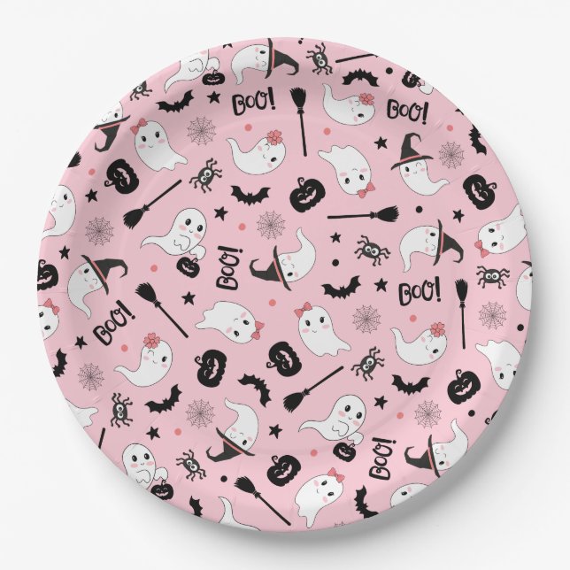 Cute Boo Spooky Ghost Halloween Pink Girl Paper Plate (Front)