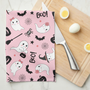 Cute Boo Spooky Ghost Halloween Pink Girl Tea Towel