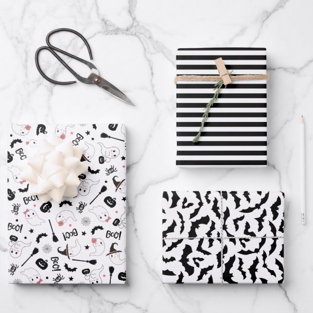 Cute Boo Spooky Ghost Halloween Pink Girl Wrapping Paper Sheet (Front)