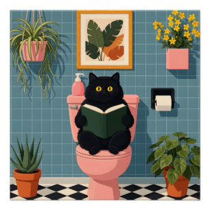 Cute Book Lover Cat Bathroom Art Poster